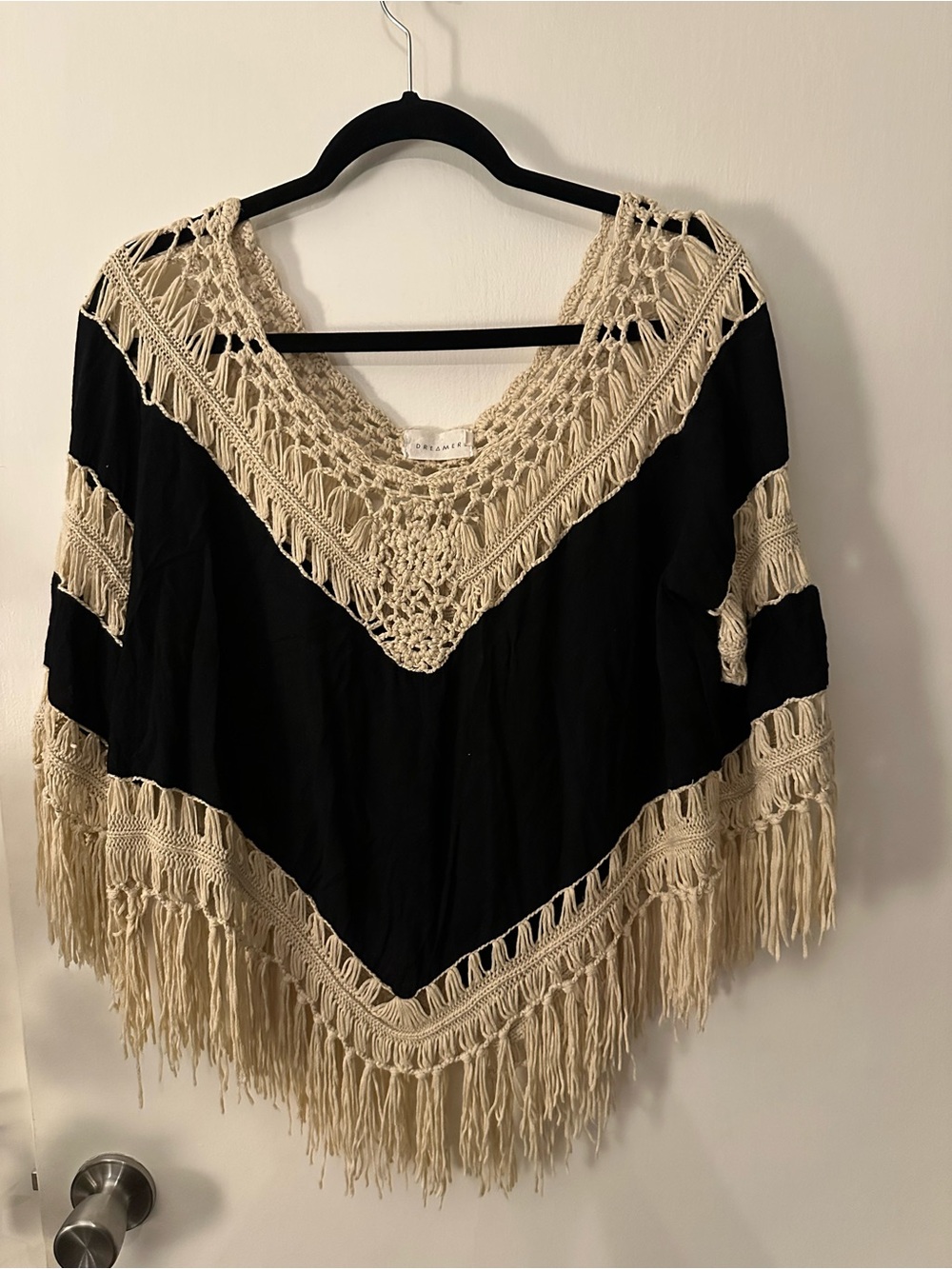 Dreamers Black Tunic with Cream Crochet Fringe